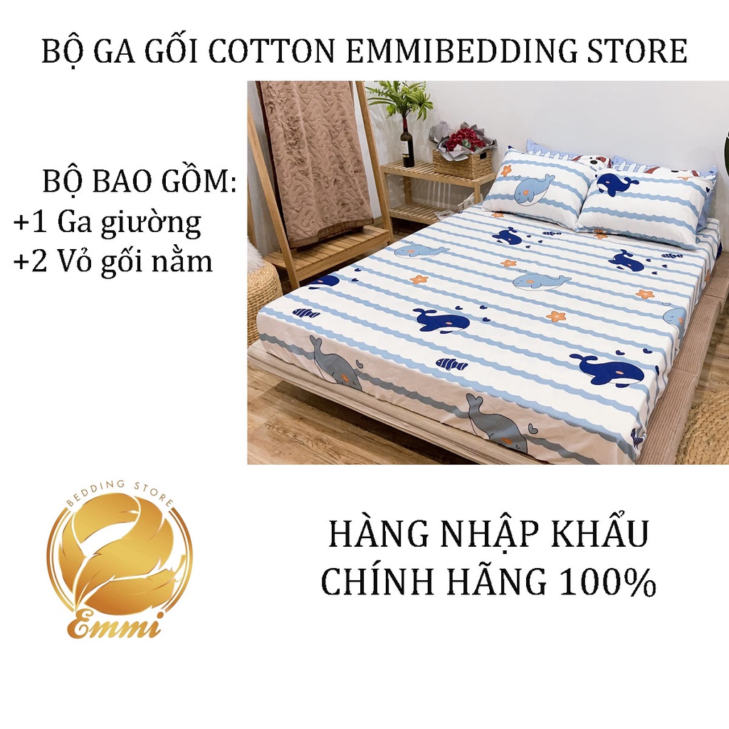 Bộ ga gối cotton poly mẫu cá heo Emmibedding Store