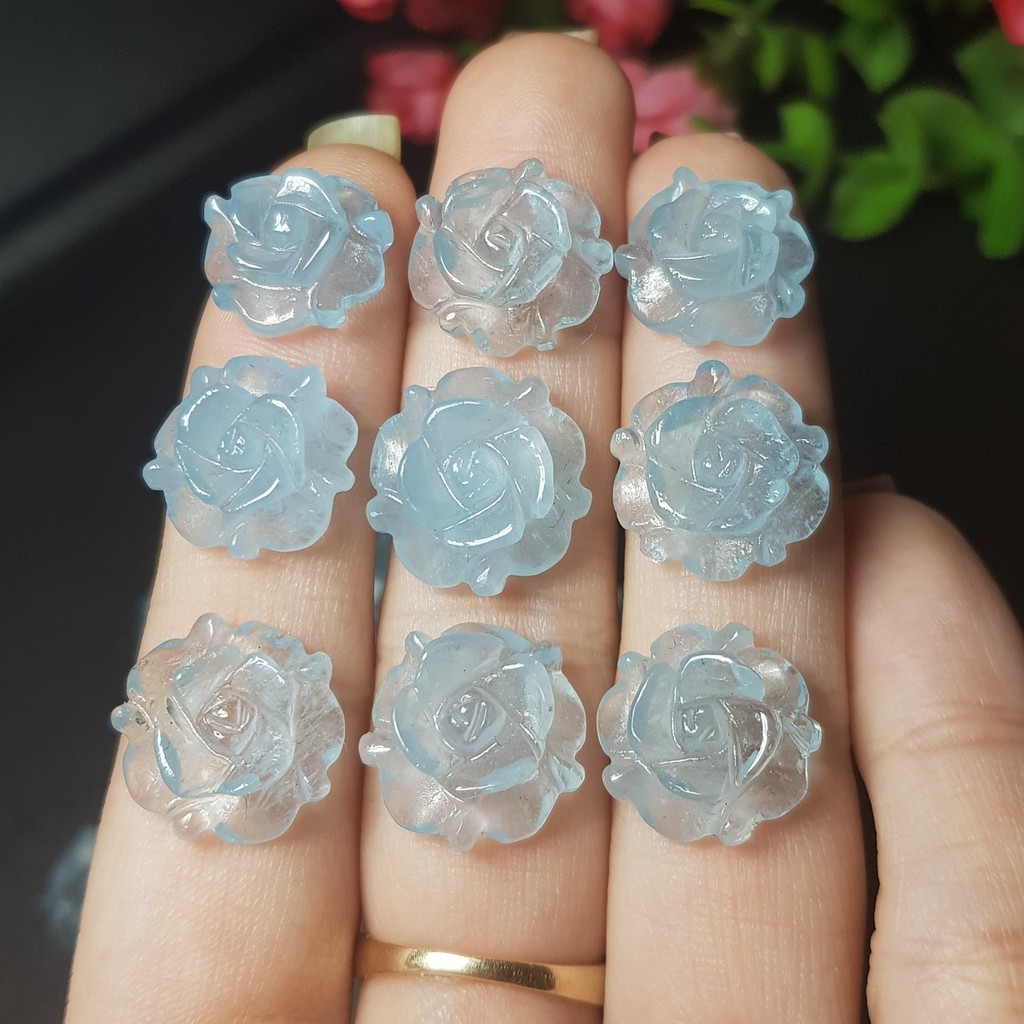 Mặt Hoa Mẫu Đơn đá Aquamarine xanh thiên nhiên Tặng kèm móc bạc và hộp đỏ