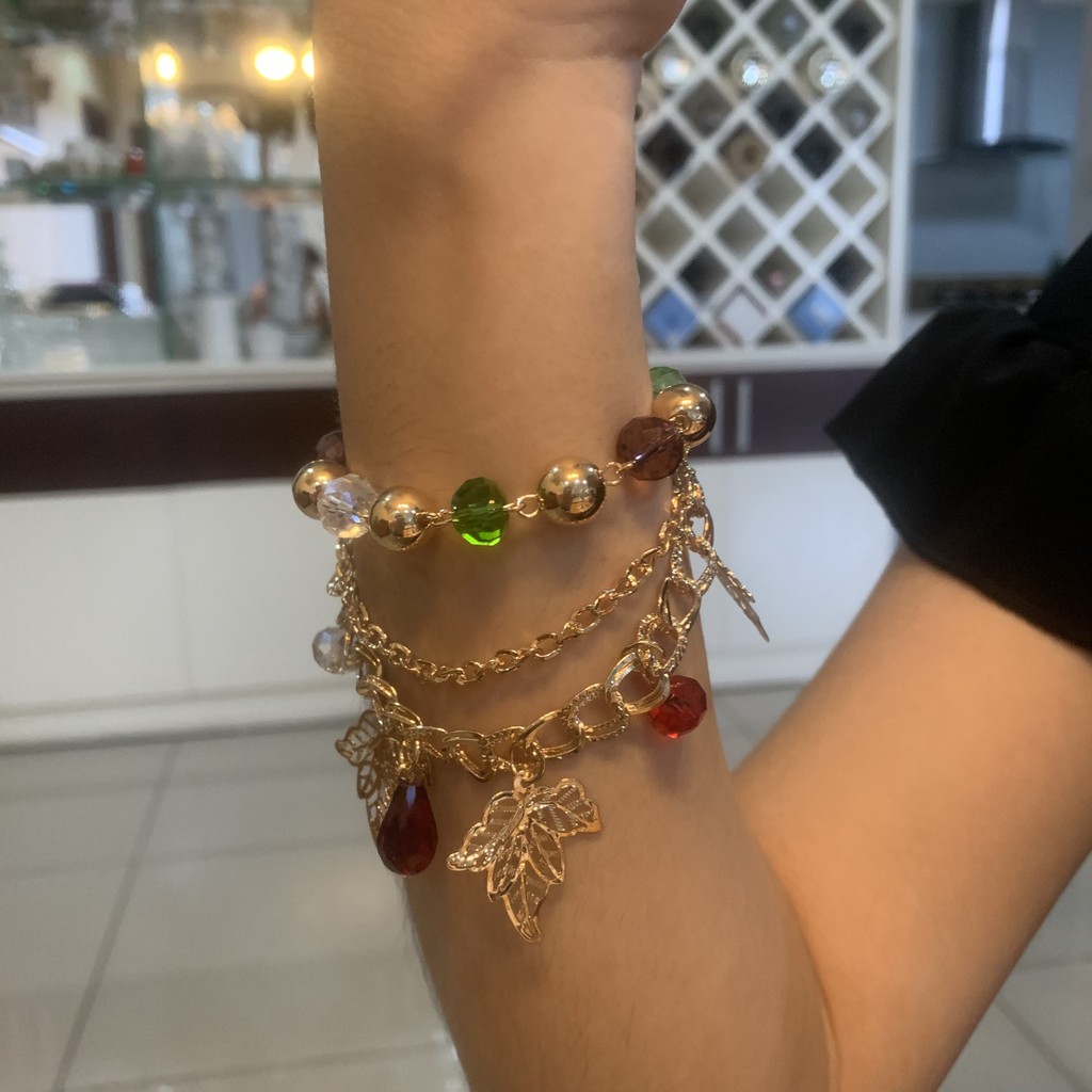 Vòng tay mạ vàng bộ 3 dây nối với nhau, vòng charm trái tim, chiếc lá và pha lê nhiều màu dễ thương mã CB12 | BigBuy360 - bigbuy360.vn