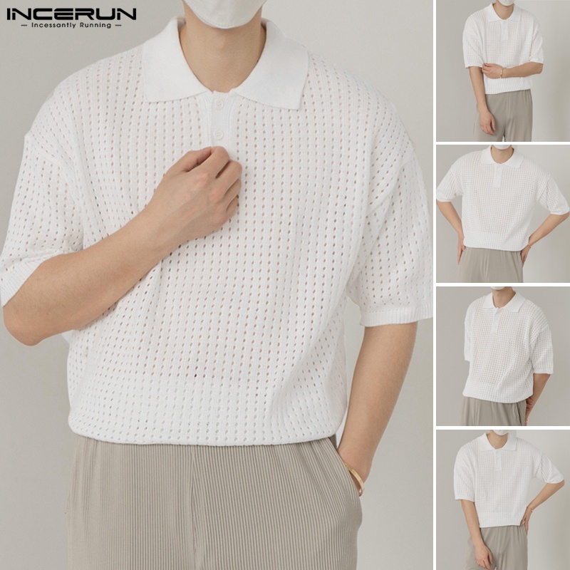Áo thun polo INCERUN ngắn tay phối lưới thoáng khí dành cho nam