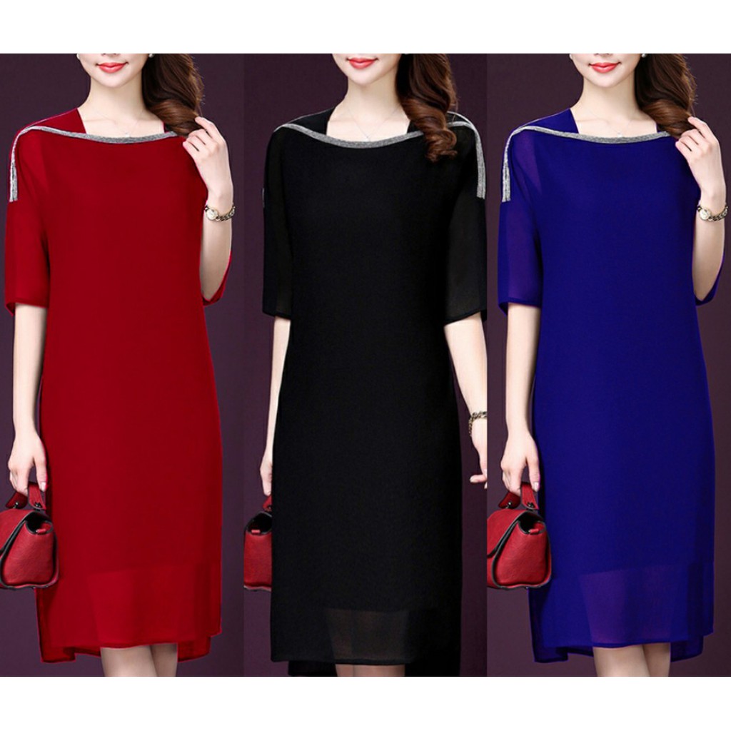 ĐẦM SUÔNG DỰ TIỆC BIGSIZE KIỂU ĐẦM SUÔNG TUỔI TRUNG NIÊN ĐÍNH CƯỜM PHỐI CỔ THUYỀN ROMI365