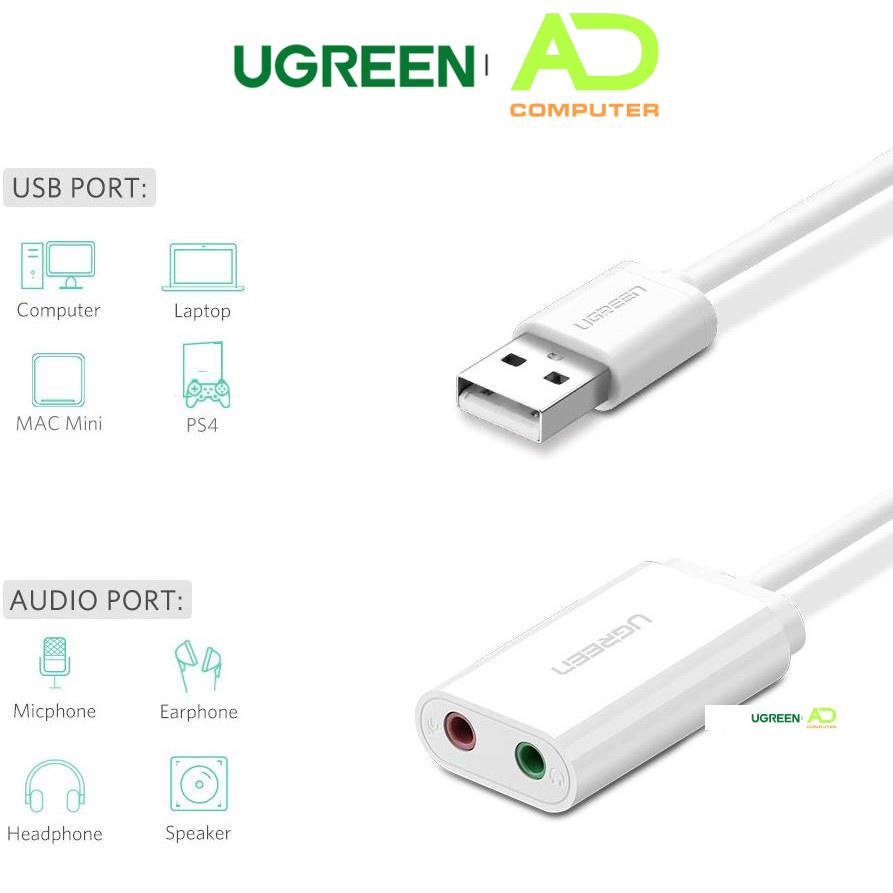 Dây USB 2.0 mở rộng sang đồng thời 2 cổng 3.5mm cho tai nghe + mic UGREEN US205