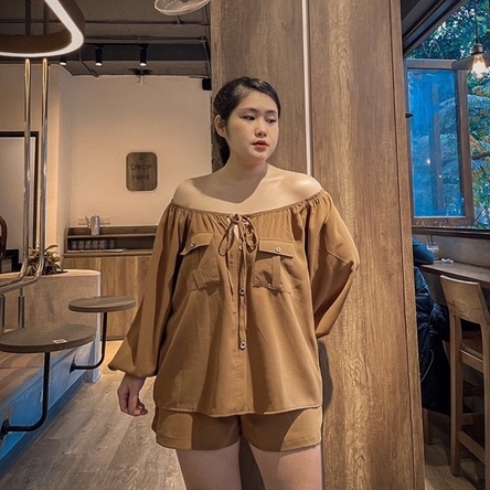 Set bộ áo trễ vai nhún thun tay dài quần short bigsize Mèo Mập Clothes chất đũi Hàn mịn mát