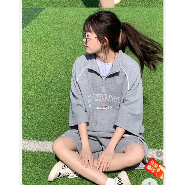 Bộ Thun Polo Cổ Đức Chữ NBNO Unisex  Set áo Form Rộng Tay Lỡ Kèm Quần Short Đùi Màu Xám Kiểu Hàn Quốc Sẵn Ảnh Thật