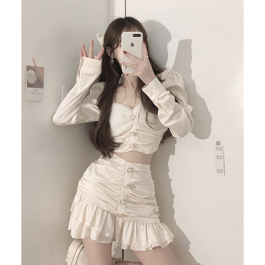 Set áo váy lụa nhún viền bèo dài tay