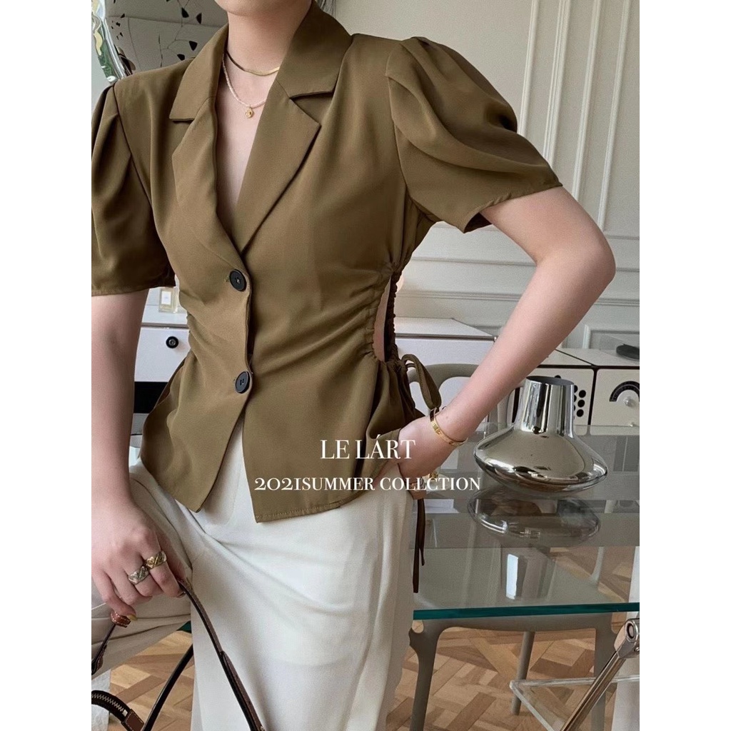 Áo Kiểu Tay Ngắn Màu Trơn Phối Dây Rút Phong Cách Thời Trang Hàn Quốc Cổ Điển