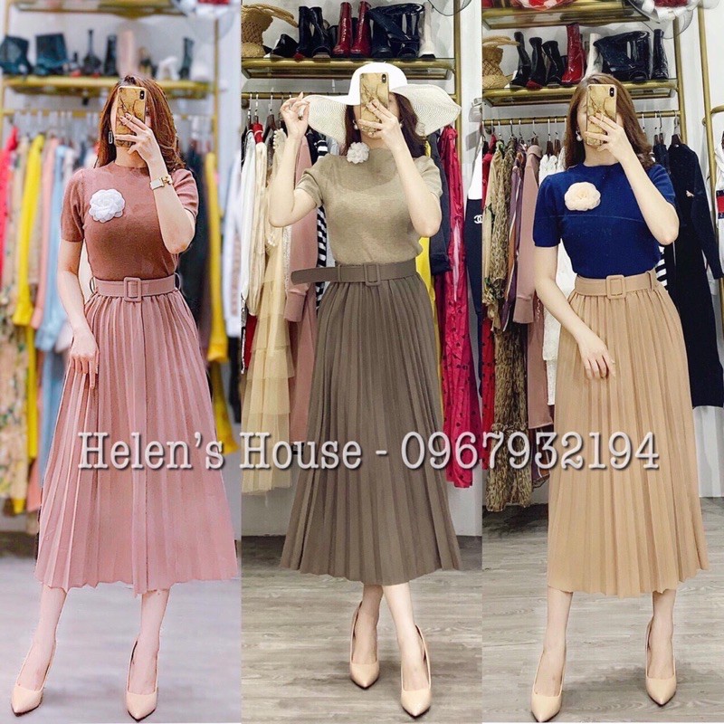 Chân váy dập ly kèm đai váy có đục lỗ, Chân váy dáng dài xếp ly không ánh nhũ CV1915 - NhiNhi Shop