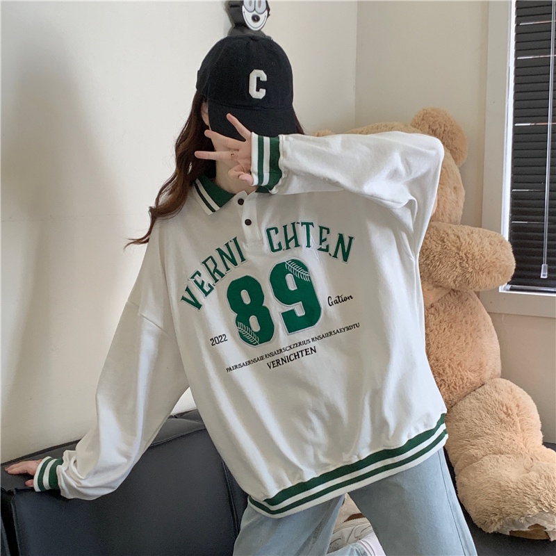 Áo Thun Polo Dáng Rộng Thêu Chữ Thời Trang Mùa Thu Mới Cho Nữ