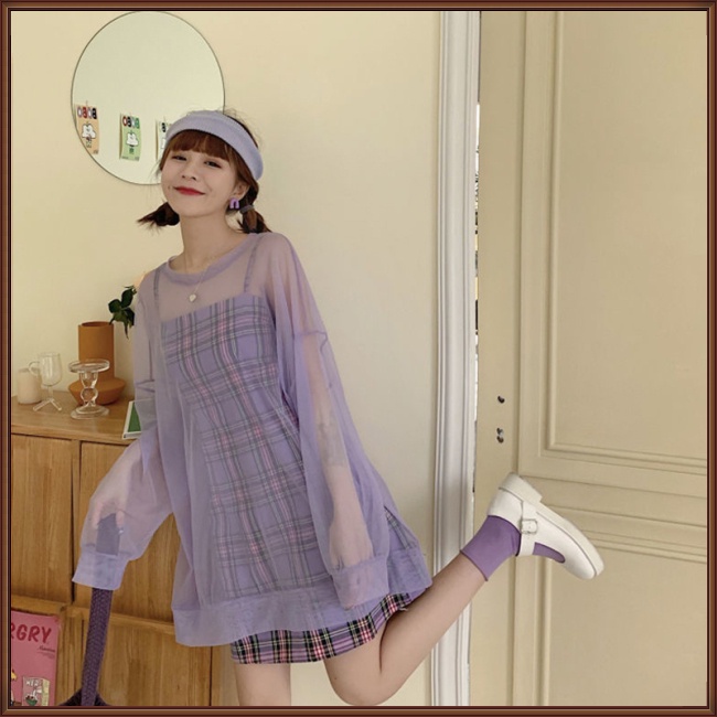 Đầm Hai Dây Màu Tím Kẻ Sọc Caro + Áo Sơ Mi Lưới Chống Nắng Thời Trang Dành Cho Nữ