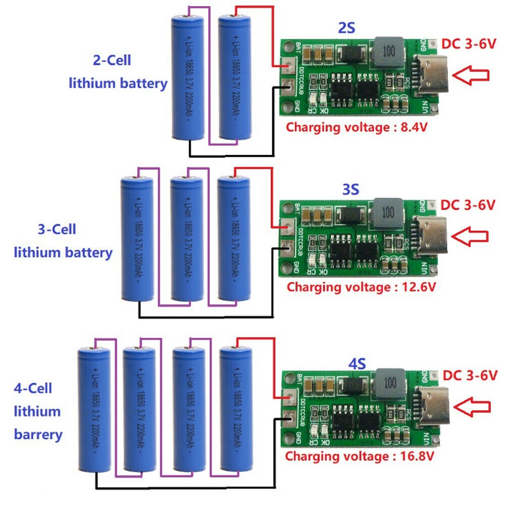 Bộ sạc pin Li-ion DIYMORE DC3-6V sang 8.4/12.6/16.8V 2S/3S/4S Type-C 1-4A 18650