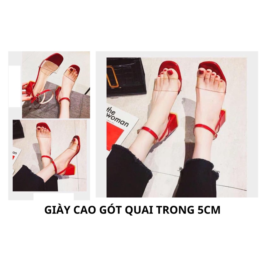 GIÀY SANDAL CAO 5CM GÓT VUÔNG QUAI TRONG NỀN ĐỎ