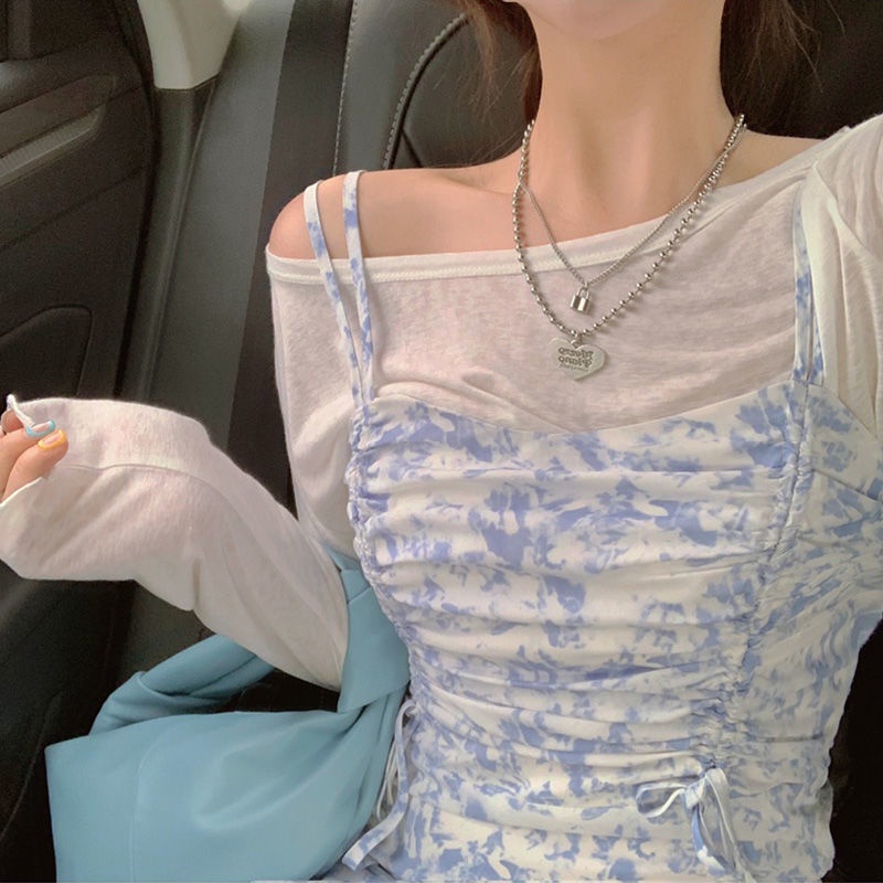 Set đầm hoa hai dây + áo thun tay dài thời trang cho nữ