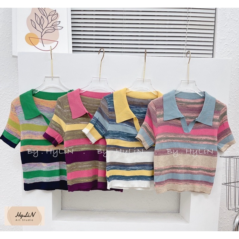 Áo len polo kẻ ngang ngắn tay, Áo kiểu dáng ôm len mỏng co giãn AL8820 - NhiNhi Shop