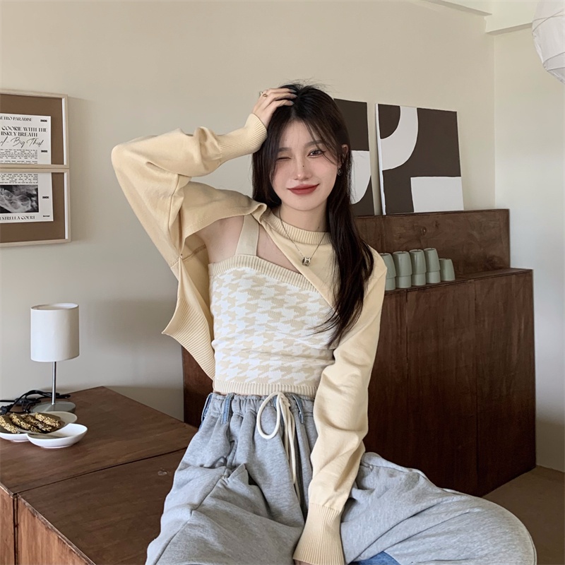 QADCOL Set áo hai dây và áo sweater dệt kim dài tay lệch tà thời trang dành cho nữ (đặt hàng riêng)