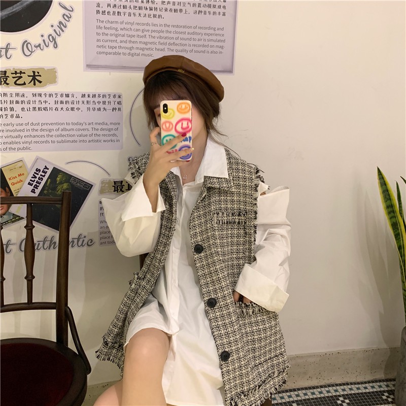 Áo vest, áo gile kẻ mix sơ mi Ulzang