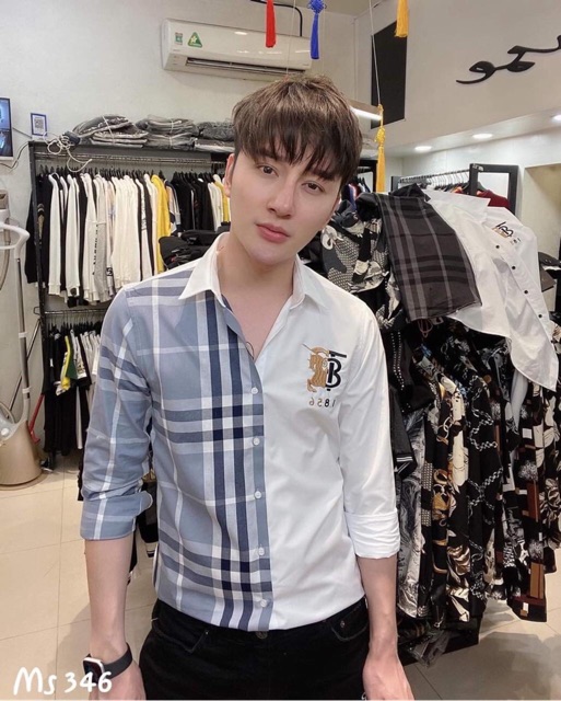 SƠ MI NAM BBRR PHỐI KẺ NỬA TRẮNG ĐEN TAG THÊU