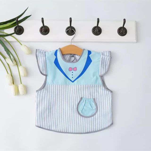 Áo yếm cộc tay dáng váy hoạ tiết cổ sơ mi cho bé ăn dặm