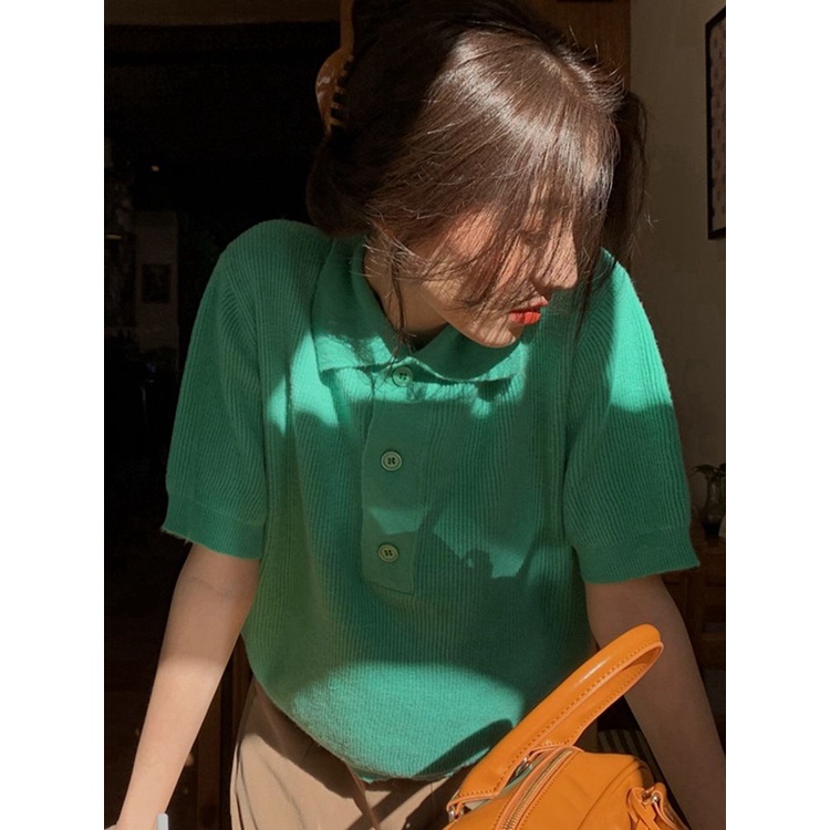 Áo montoghi cổ đức trơn cộc tay 3 khuy croptop