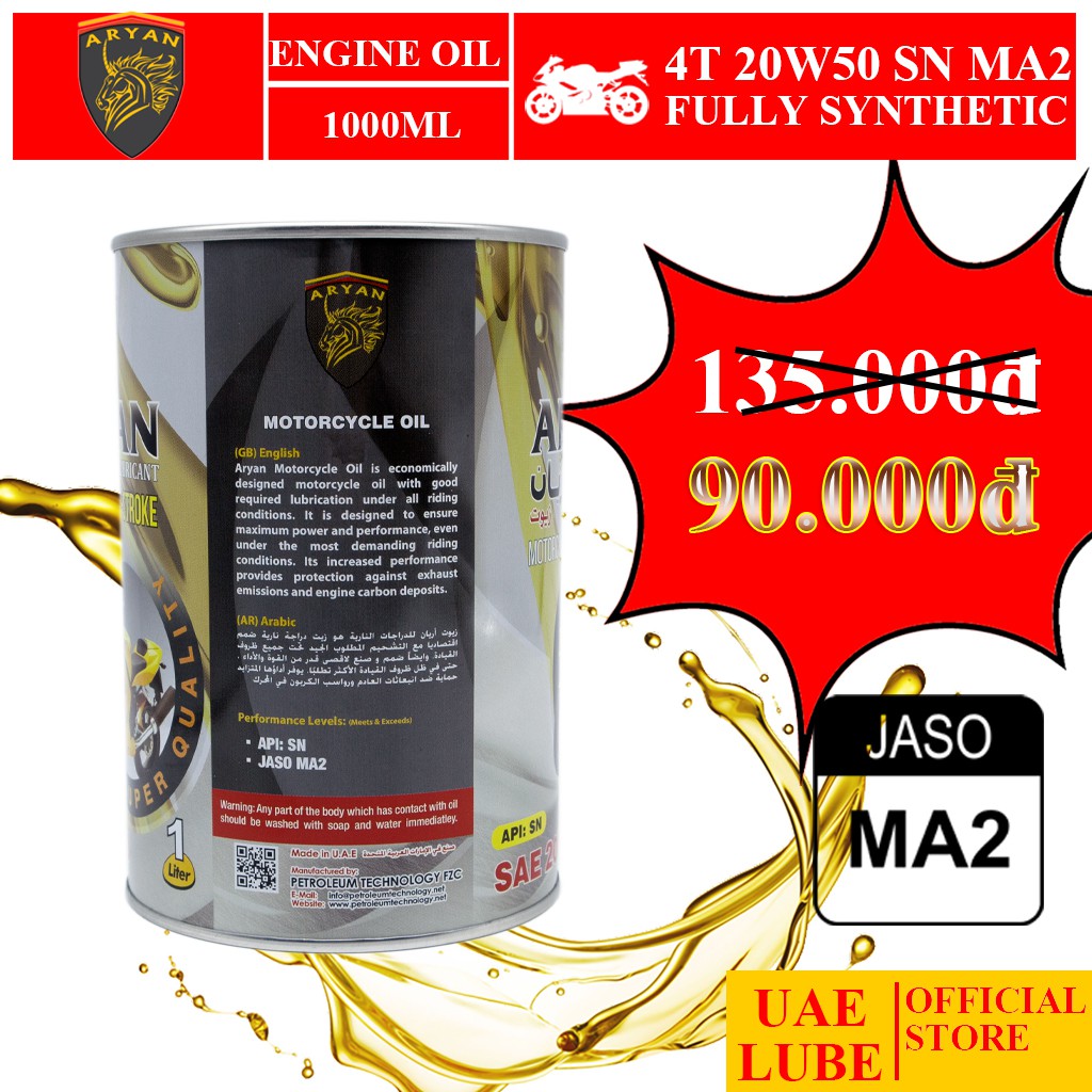 Combo 6 Lon Nhớt Tổng Hợp ARYAN 20W50 1000ml SN JASO MA2 - Hàng nhập khẩu UAE - Dùng cho xe số, xe mô tô PKL