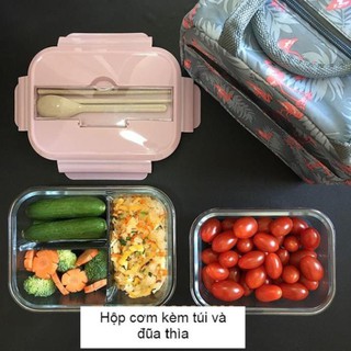 Hộp cơm văn phòng chia ngăn bằng thủy tinh chống tràn giữ nhiệt dùng được lò vi sóng