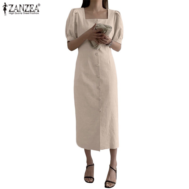 Đầm ZANZEA ôm dáng cổ vuông tay ngắn màu trơn thanh lịch cho bạn gái