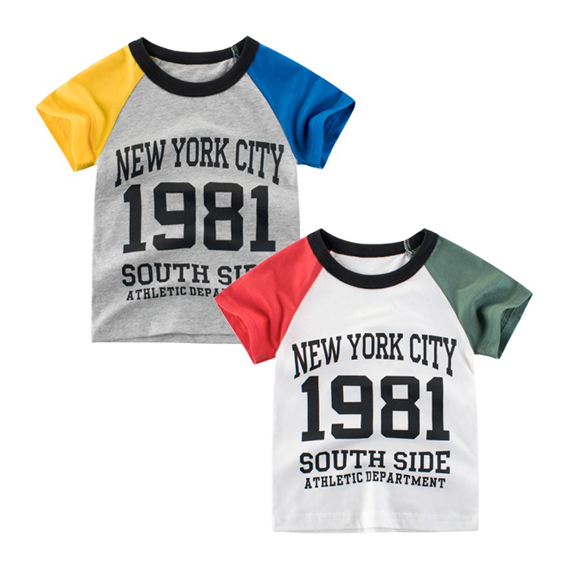 Áo bé trai ngắn tay 27KIDS, áo thun cotton cho bé trai họa tiết NEW YORK 100% Cotton hàng xuất Âu, Mỹ