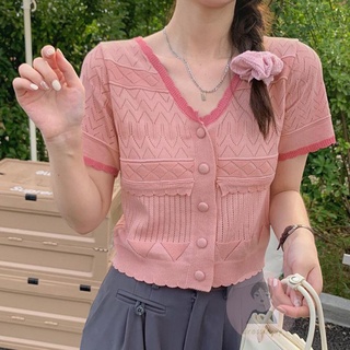 DRE-Women Summer Knitted Tops,V-neck Short Sleeves Hollow Out Short Tops