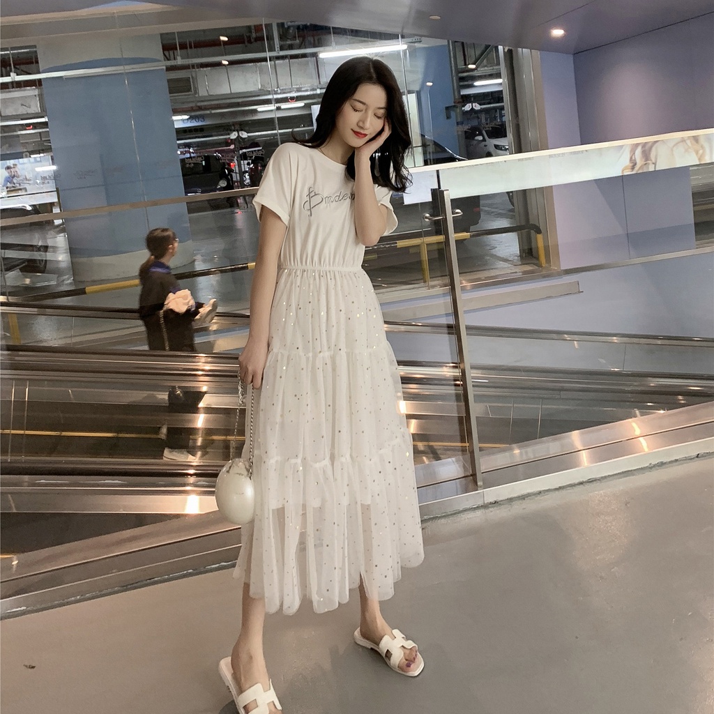 Đầm Nữ Phối Lưới Đính Kim Sa Lấp Lánh
