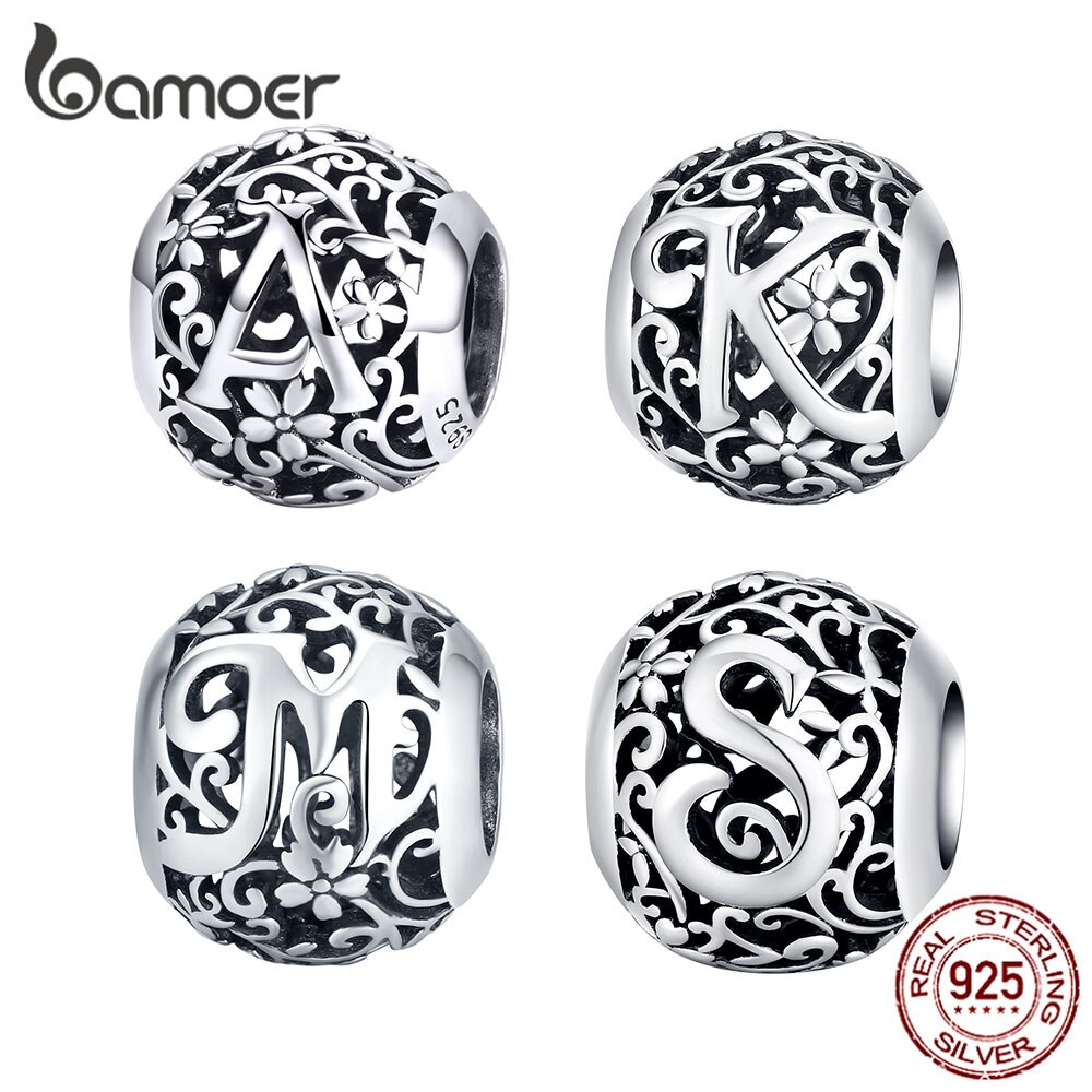 Mặt trang sức bamoer SCC1444 hình tròn họa tiết chữ cái bằng bạc thật 925 dùng làm trang sức độc đáo