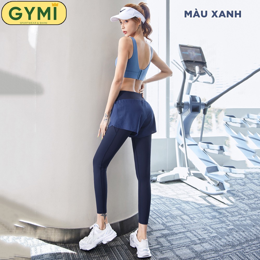 Quần tập gym yoga nữ thun lạnh GYMI QD28 dáng legging có quần short phía trước chống lộ kèm túi dựng điện thoại