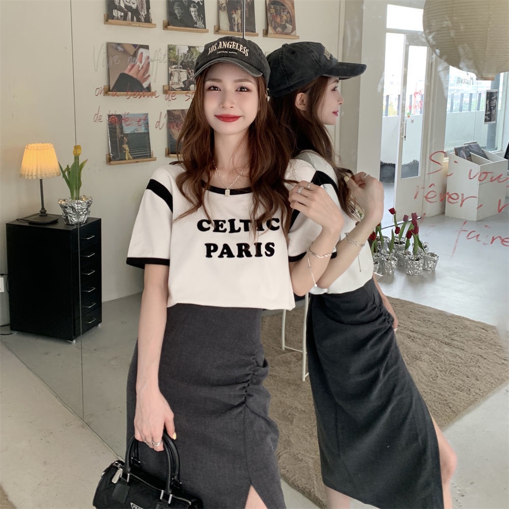 Bộ Áo Thun Ngắn Tay Ghép Màu Phối Chân Váy Dài Trung Bình Thời Trang Mùa Hè Cho Nữ