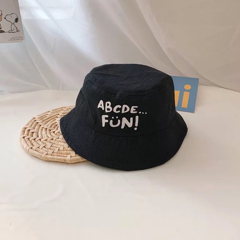 Ready Stock Fisherman Hat ABCDE FUN Print Kids Bucket Hat Outdoor Sunscreen Baby Sun Hat