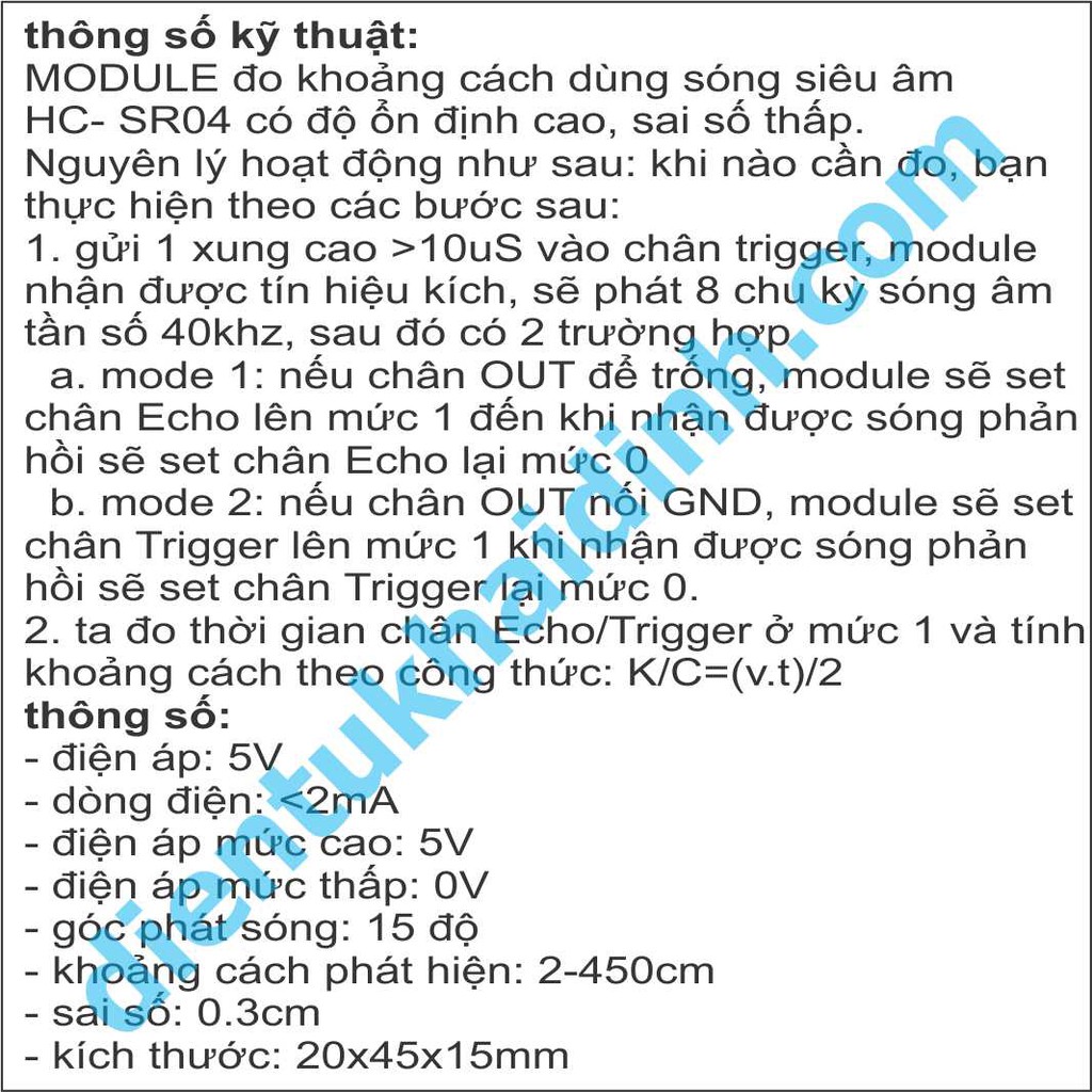 MODULE đo khoảng cách dùng sóng siêu âm HC-SR04 SR04 2-450cm, áp 5V kde0138