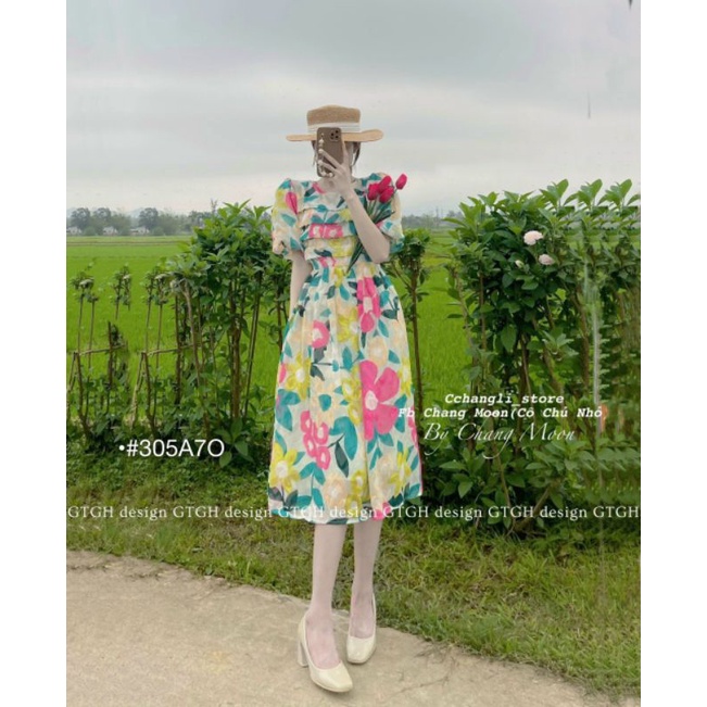 Đầm Hoa Nhí ,Váy Xòe Hoa Xếp Ly Ngực Tay Phồng Xinh Cho Nữ Chụp Hình Sống Ảo Vải Lụa QC Mịn Mát