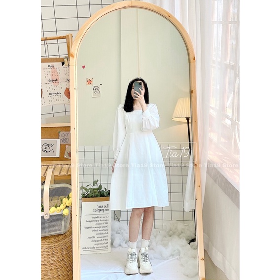 Váy trắng cổ vuông ren dài tay. Đầm trắng tiểu thư dài tay SP000007 ( Ảnh thật) | BigBuy360 - bigbuy360.vn