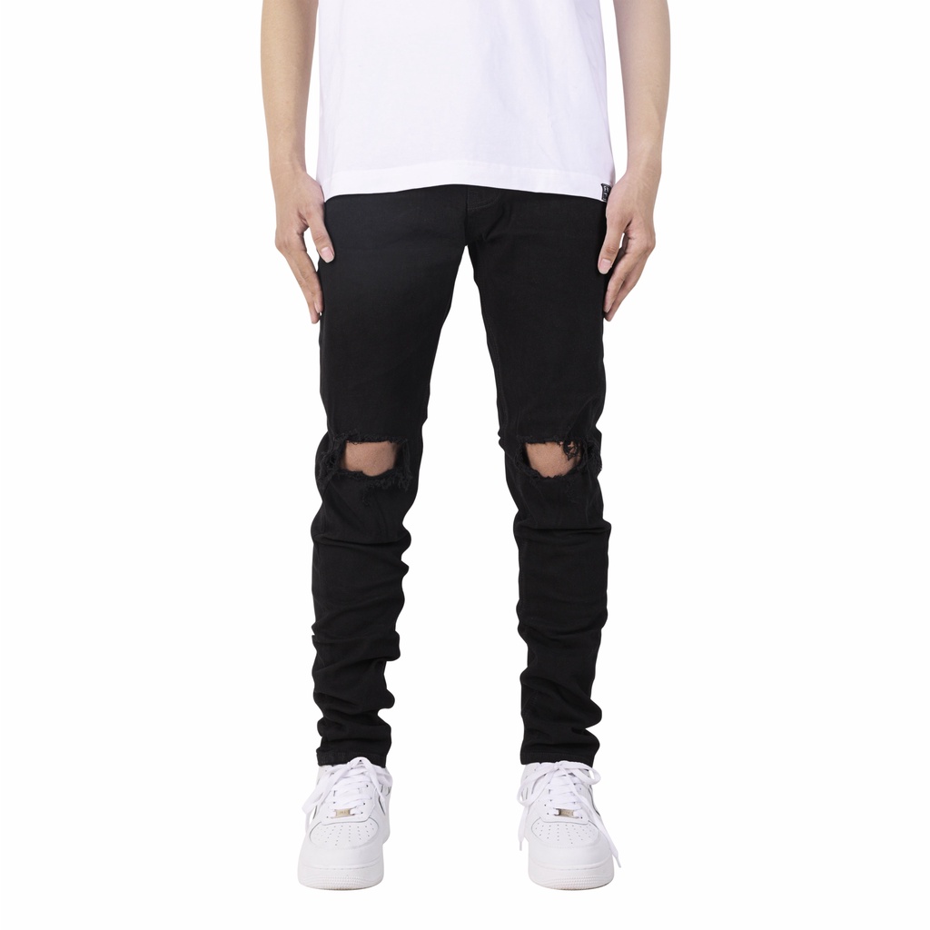 Quần jean nam streetwear cao cấp FNOS NZ5 màu đen rách gối form slimfit jean thun co giãn