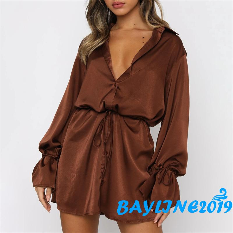 BAY-Đầm sơ mi cổ bẻ tay loe màu trơn cột dây một hàng nút thời trang mùa hè cho nữ 5 màu tùy chọn