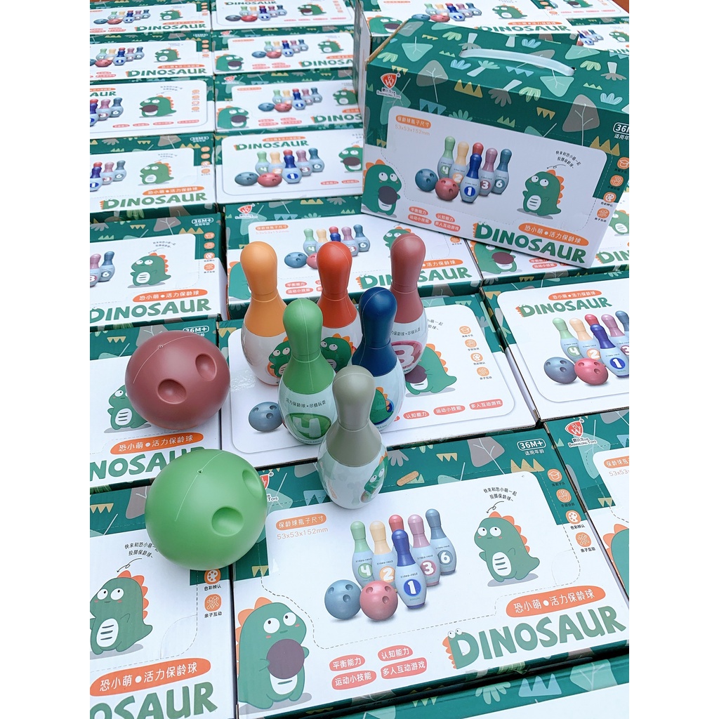 BỘ ĐỒ CHƠI NÉM BÓNG BOWLING HÌNH KHỦNG LONG DỄ THƯƠNG CHO BÉ( 6 CHAI + 2 BÓNG NÉM KÈM HỘP ĐỰNG)