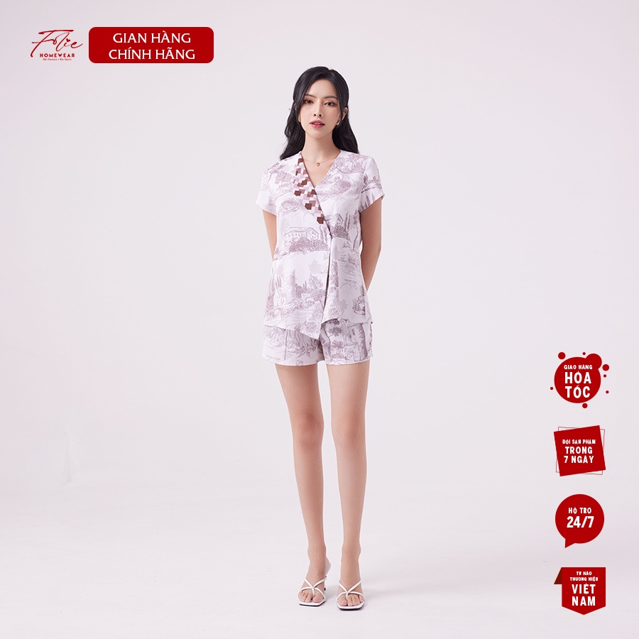 Folie Homewear đồ bộ mặc nhà tay ngắn quần đùi lụa tằm ý FB119.1 họa tiết nâu