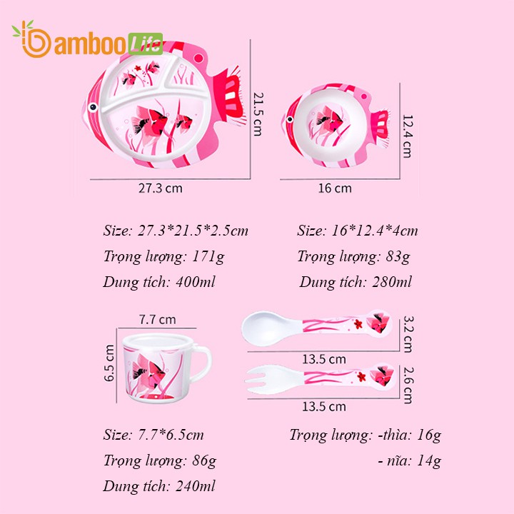 Khay ăn dặm sợi tre Bamboo Life BL029 bộ 5 chi tiết gồm thìa, dĩa, khay, bát, cốc hình cá cute