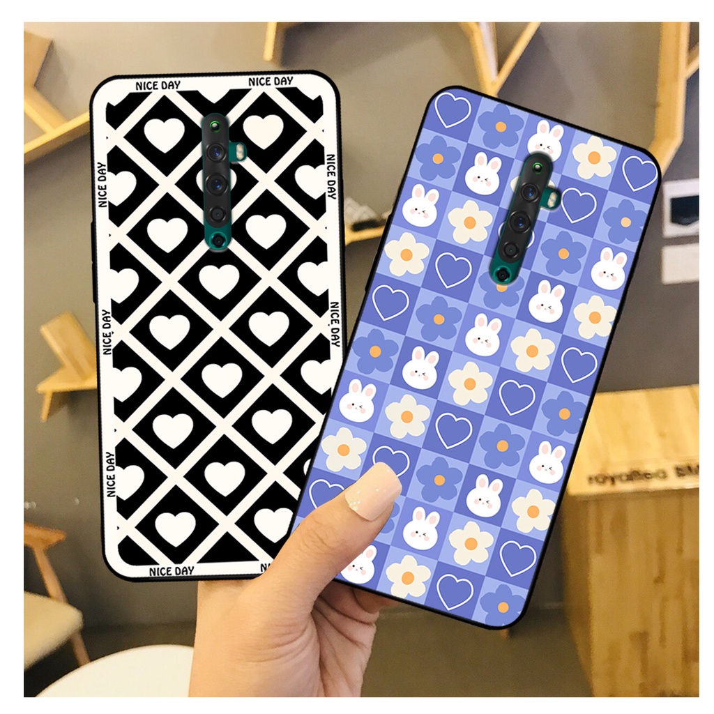 Ốp lưng Oppo Reno 2 / Reno2 F - Reno 2f in hoạ tiết caro trái tim đen trắng, gấu bear cute đáng yêu