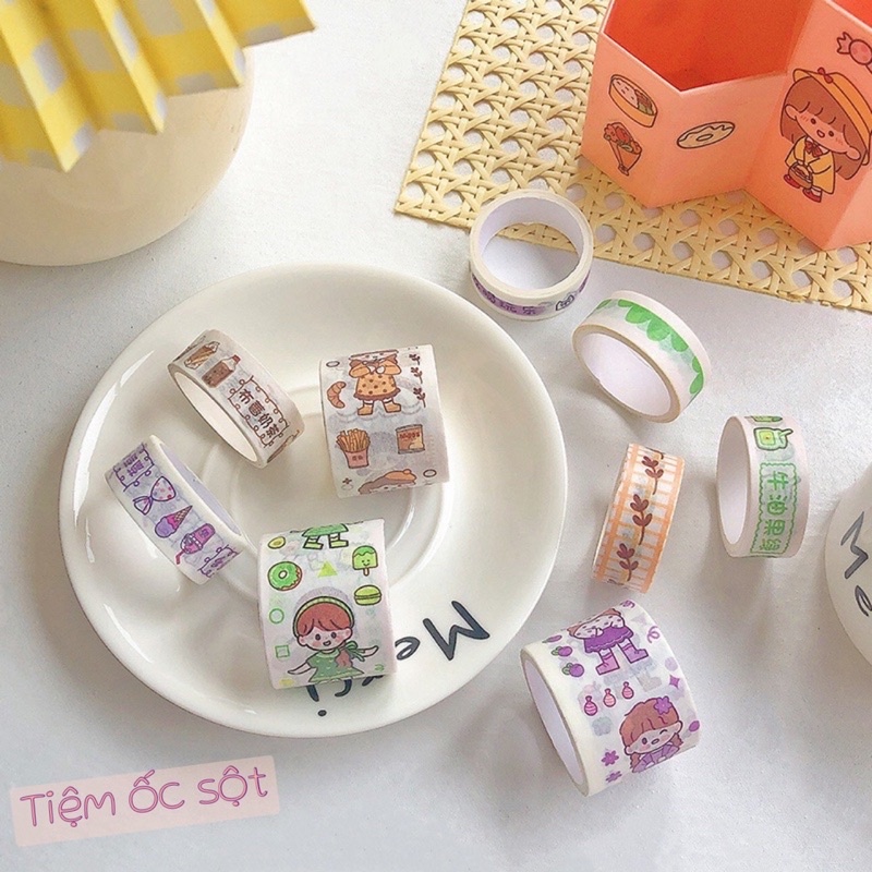 Hộp 4 cuộn băng keo Washi hoạt hình dễ thương dùng trang trí sổ tay