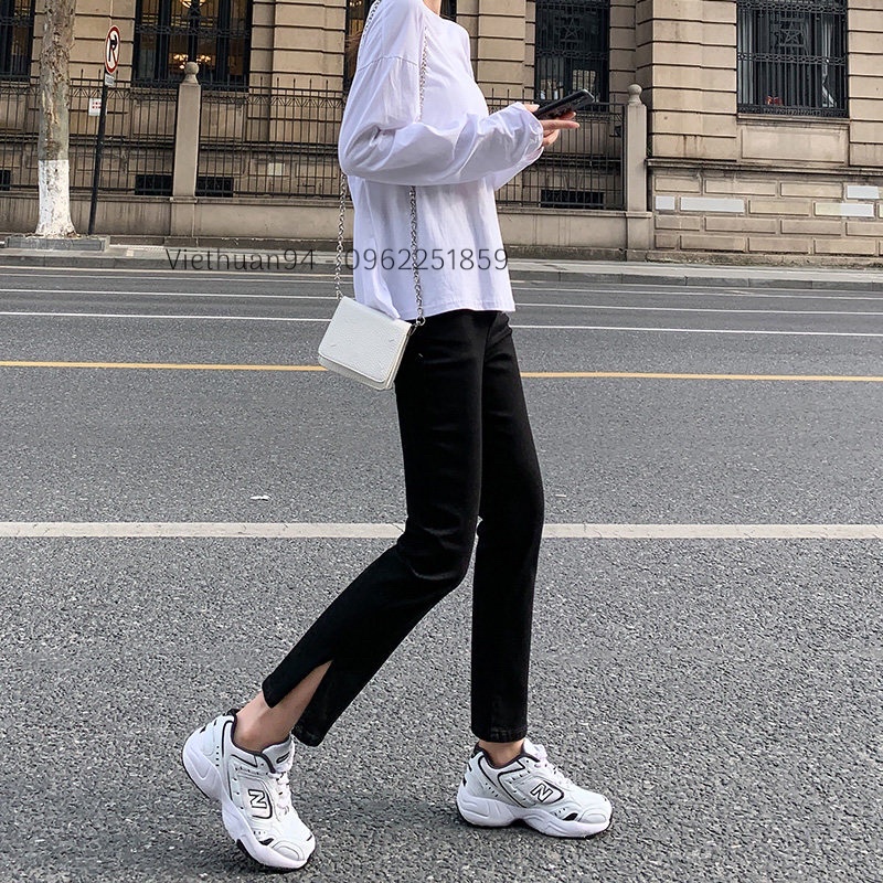 Quần jeans ống đứng đen xẻ 2 bên gấu hack dáng, hack chân siêu đẹp