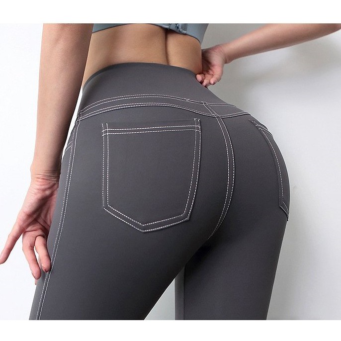 Quần Dài Tập Gym Yoga Nữ - Quần Dài Thể Thao Giả Jean Chỉ Nổi Phối 2 Túi sau