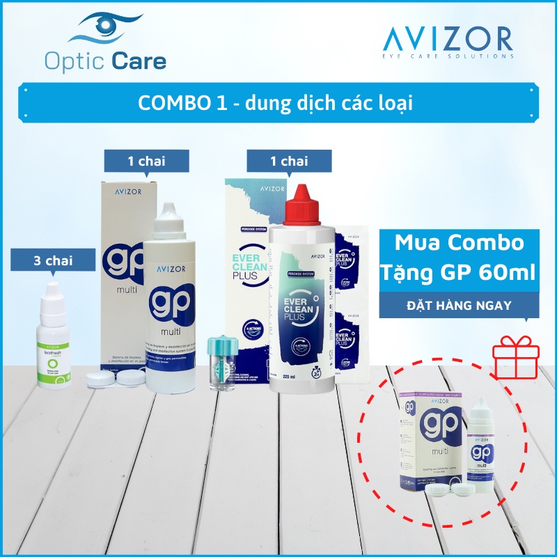 (Tặng GP 60ml) - Combo 3 Nước mắt nhân tạo, 1 nước ngâm & 1 dung dịch diệt khuẩn lens kính áp tròng Avizor