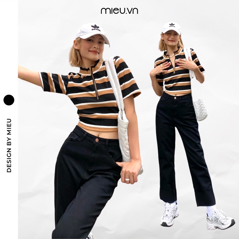 Áo croptop thun thiết kế sọc ngang khóa đồng MIEU - JMR03