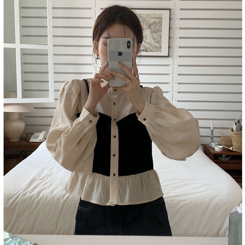 Áo Sơ Mi Tay Phồng Ngắn Cổ Đứng Hai Dây Thời Trang Mùa Xuân Kiểu Retro