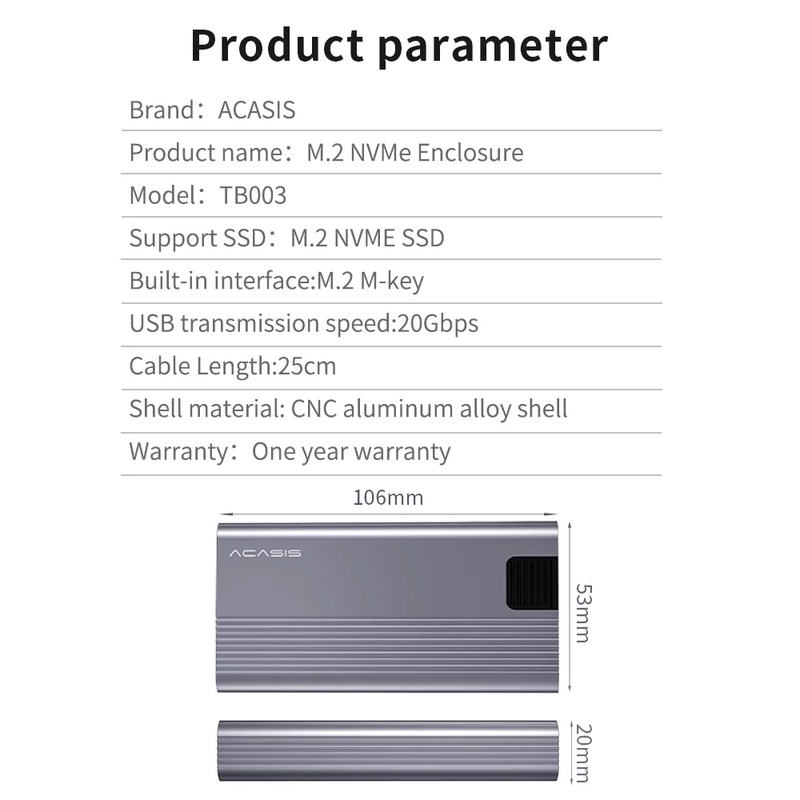 Box ổ cứng SSD NVMe M.2 chuẩn USB 3.2 gen 2x2 20Gbps tốc độ cao - ACASIS (M.2 NVME 2280 SSD enclosure 20 Gbps )