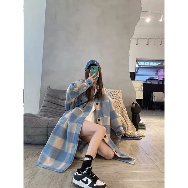 ÁO DẠ DÁNG DÀI KẺ SỌC XANH CÁ TÍNH