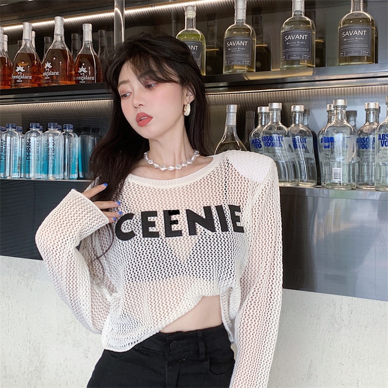 QKOOLE Áo đan len tay dài in họa tiết đơn giản phong cách Hàn Quốc thời trang cho nữ